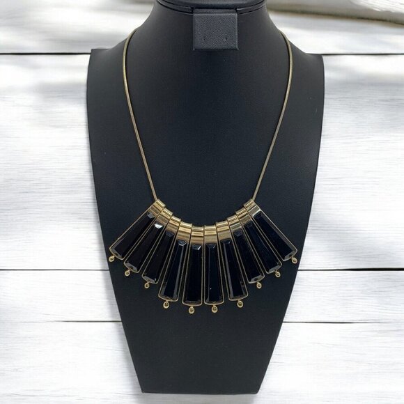 Vintage Bib Necklace With Black & Gold Fan Pendant Gold Tone Snake Chain 18"L+3" - Picture 1 of 5